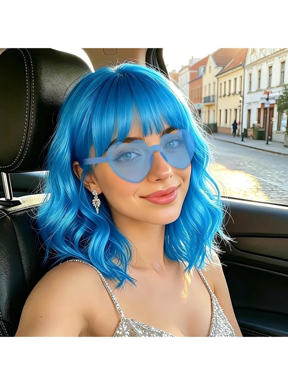 Women's Blue Curly Bob Synthetic Wigs Bangs With Neon Heart Sunglasses